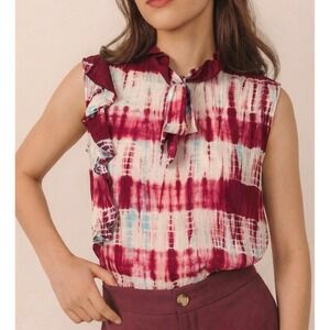 Sandro Silk Tie Dye Ruffle Blouse Womens 3 L Burgundy White Sleeveless Excellent